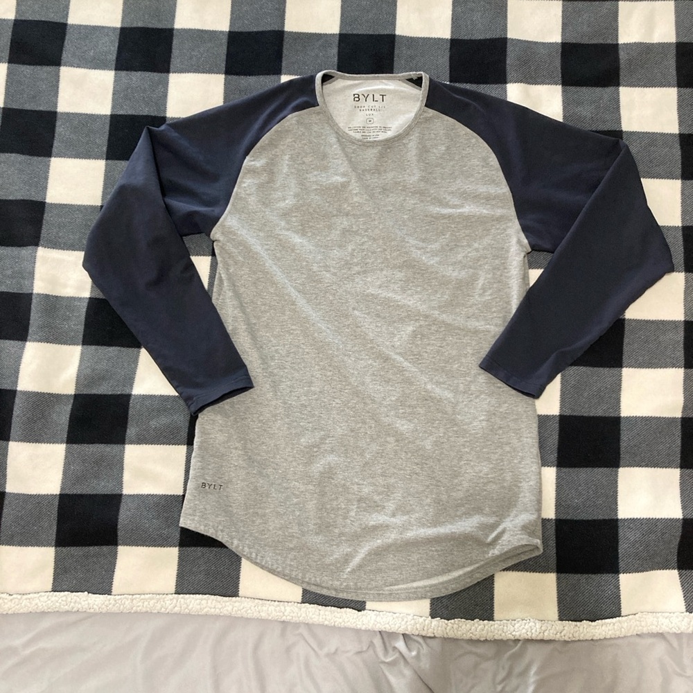 BYLT Drop Cut Long Sleeve Baseball Shirt Lux Navy Blue Gray
